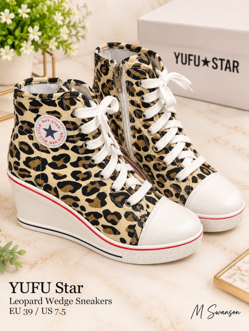 NEW YUFU Star Leopard High-Top Hidden Wedge Sneakers EU 39 / US 7.5 NIB